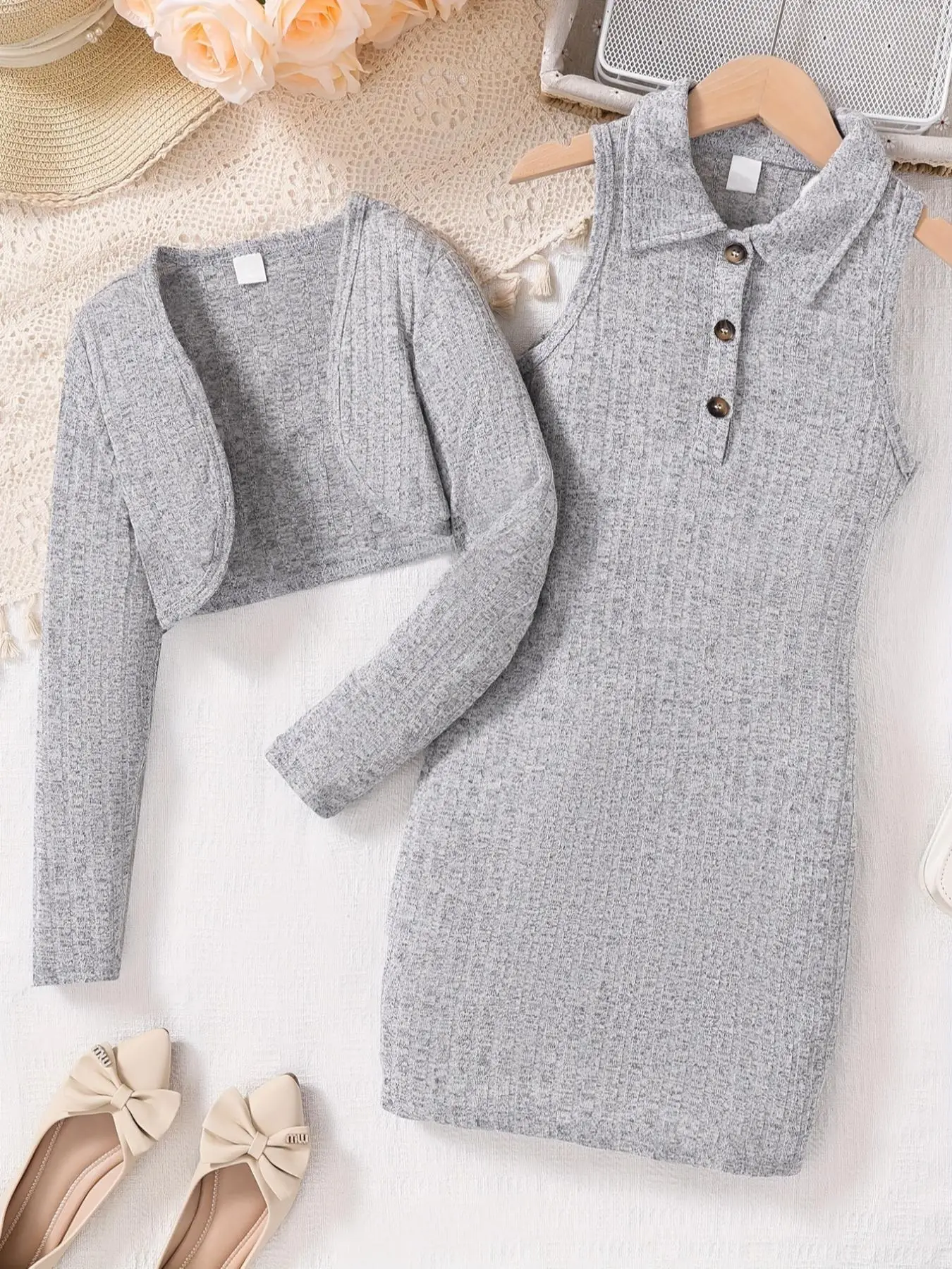 Girl's Solid Long Sleeve Crop Outerwear & A Polo Neck Tank Dress Two-Piece Set, Casual Open Front Outerwear & Sleeveless Half Button Dress for Spring