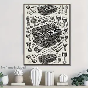 Vintage V8 Engine Canvas Prints, Mechanical Diagram Wall Art Painting, Room Decor Wall Art Poster for Garage Living Room Office