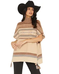 Cotton Women's And Rye Striped Poncho Sweater - Crk931