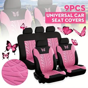 9pcs Universal Car Seat Covers Full Set Protector Cushion Front Rear 3D Butterfly Embroidery Pattern, Airbag Compatible Washable Full Set of Cloth Car Seat Cover, Front and Split Rear, Suitable for SUV, Car, Van, Pink Universal Mesh Car Seat Covers Set