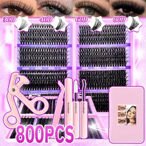 Queenice 800pcs Lash Extension Kit with Glue, Tweezers & Brushes, Natural Fluffy Thick D Curl, 8-16mm Mixed Lengths, Beginner Friendly, Eyelash Extensions, Makeup Eyelashes Extension