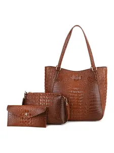 3pcs Women's Brown Crocodile Embossed Tote Bag Set, Large Capacity Shoulder Bag + Crossbody Pouch + Envelope Wallet, Adjustable Strap Purse for Work, Travel & Daily Casual Use