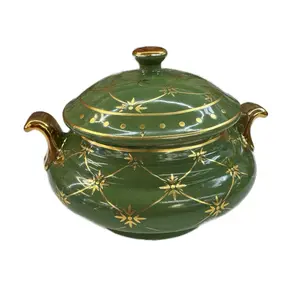 Green Ceramic Polvera de Orula with  SnackGold Star Design and Lid for Kitchen Utensils