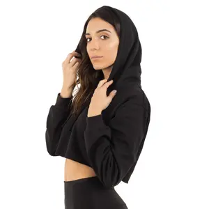 6036 Women's Cropped Fleece Hoodie - Adjustable Fit, Lightweight Polyester, Black Color, Ideal for Womenswear