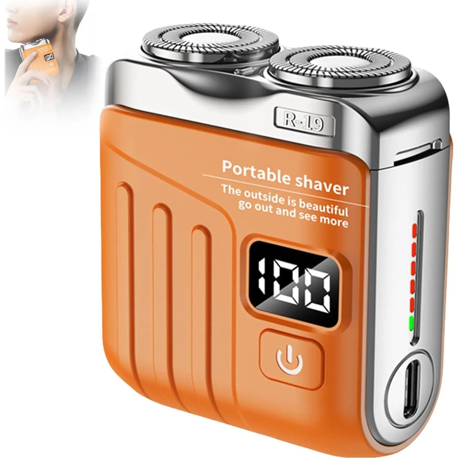 Portable Electric Shaver for Men, Mini Rotary Dual Ring Razor for Beard Trimming, USB Rechargeable & Magnetic Washable for Home and Travel (Orange)