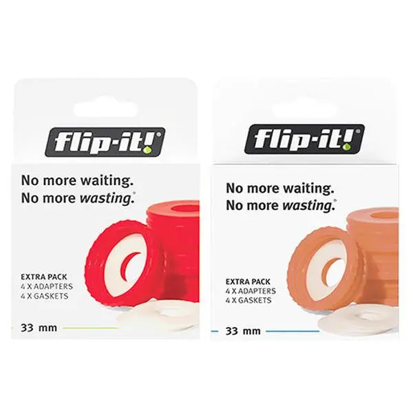 Flip It! Large Adapters - 4 Pack 33mm Lotion Bottle Adapter for Economy Shampoo, Conditioner, Dishwasher Gel & Hand Soap Refills - Includes Gaskets - Reusable Bottle Saver Pump Replacement for Bathrooms & Kitchens