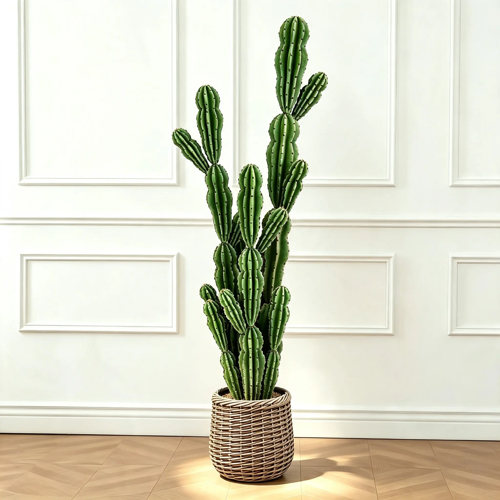 UV-Resistant Artificial Fake Cactus Plants 3ft/4ft/5ft - No Water, No Maintenance, Ribbed Shape Faux Desert Decor with Woven Planter, Decorative Corner Accent for Indoor Home, White Pot Gift