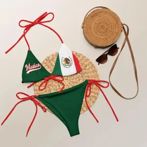 Women Mexico Flag Bikini Set Green White Red Halter Triangle Tie Side Swimsuit Comfy Summer Beach Vacation Cinco de Mayo Mexican Pride Pool Party Sunbathing Swimwear Trendy