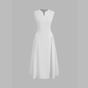Cider V-neck Solid Pleated Sleeveless Maxi Dress