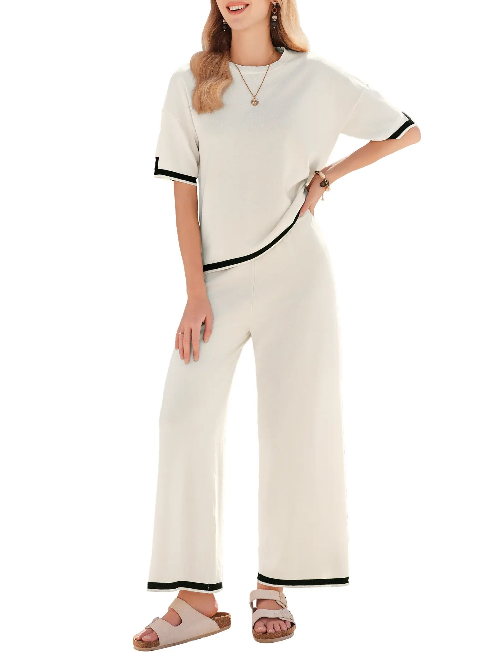 Womens Lounge Sets for Women 2 Pack Outfits Knit Short Sleeve Pullover Tops Wide Leg Pants Casual Sweater Sets Tracksuits