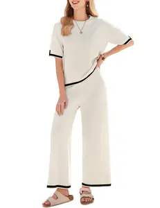 Womens Lounge Sets for Women 2 Pack Outfits Knit Short Sleeve Pullover Tops Wide Leg Pants Casual Sweater Sets Tracksuits