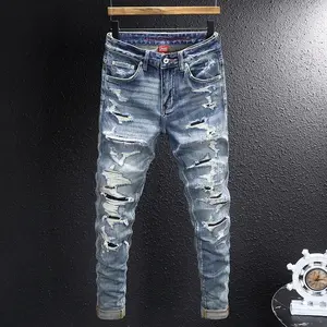 Street Designer Fashion Men Jeans High Quality Retro Blue Stretch Slim Fit Patched Ripped Jeans Men Hip Hop Vintage Denim Pantss