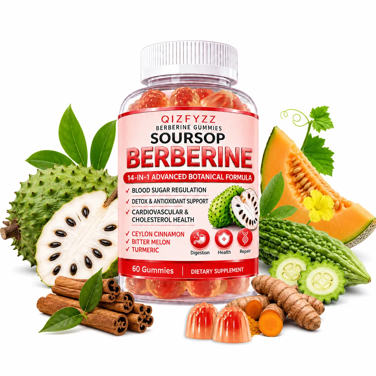 Berberine Gummies 1800mg, 14-in-1 Liposomal Berberine Complex 30:1 with Ceylon Cinnamon, Cayenne Pepper, Soursop & Superfoods, Vegan, Non-GMO, 60 Gummies