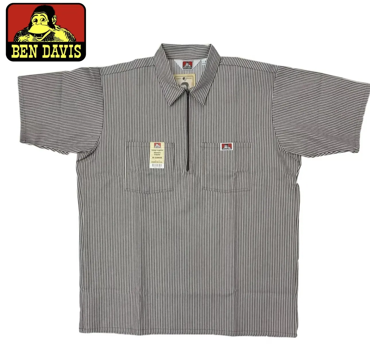 Ben Davis Men's Short Sleeve Stripe 1/2 Zip Shirt - Casual HipHop Top, Plain Design, Machine Washable, Versatile for All Seasons - Stylish