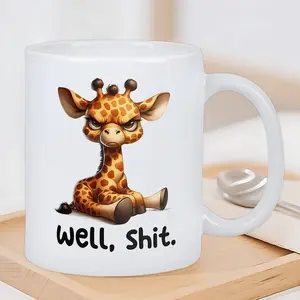 Funny "Well, Shit" Grumpy Giraffe Ceramic Coffee Mug - White Insulated Reusable Cup, Hand-Wash Only, Humorous Gift for Men & Women, Coffee Enthusiasts, Coffee Lover Gift |   Humorous Design |   Durable Ceramic, Coffee Bar Accessories