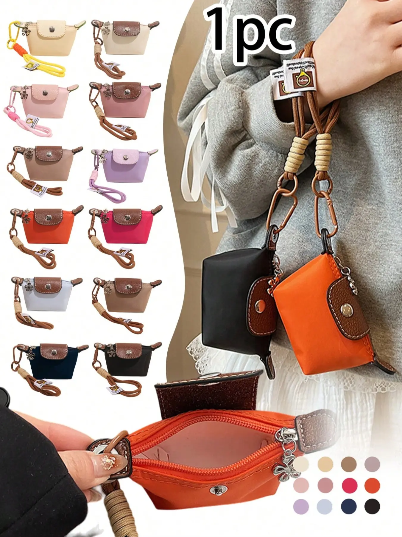 Mini coin purse, Casual zipper purse, nylon dumpling bag, stylish bank card holder, lightweight and portable, large capacity, color-blocked design, with handle, available in multiple colors, suitable for travel, daily commuting