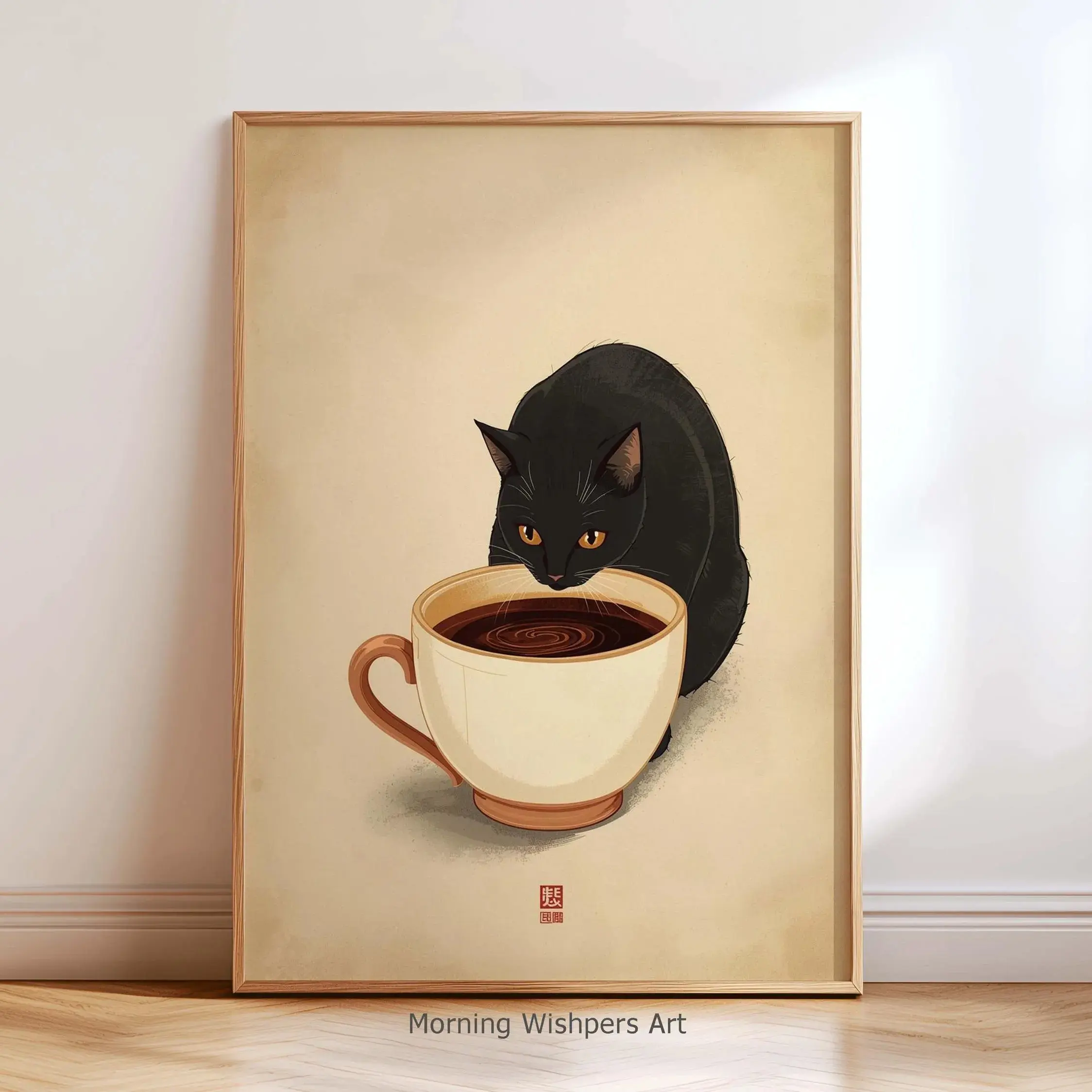 Cat Coffee Poster, Cute Kitty Illustration Kitchen Decor, Cozy Cafe Wall Art Print, 1 Piece, Made in China, No Ca Prop 65 Warning