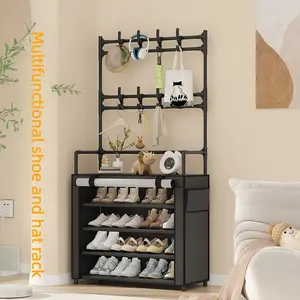 Multifunctional Dustproof Shoe Rack with Coat Rack, Sturdy Multi-Layer Storage Organizer for Entryway Hallway Bedroom Living Room, Display Storage Rack