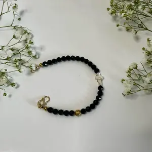 Black Tourmaline Beaded Bracelet with Mother of Pearl Shell Cross, Christian Faith Bracelet