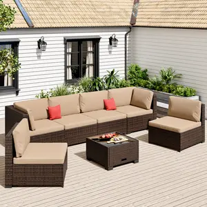 【3 packages delivery】RIWENGO 7 Pieces Patio PE Rattan Sectional Sofa Set, All Weather Outdoor Furniture with Coffee Table Summervibes