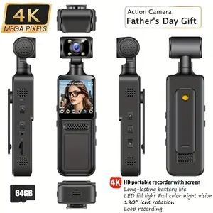 Portable 4K UHD FPV Vlog Camera with Adjustable 180° Rotating Full-Body Lens, 64GB Memory Card, USB Charging – Ideal for Vlogging, Travel, Birthday/Christmas Gift (Electronics Video Camcorder)