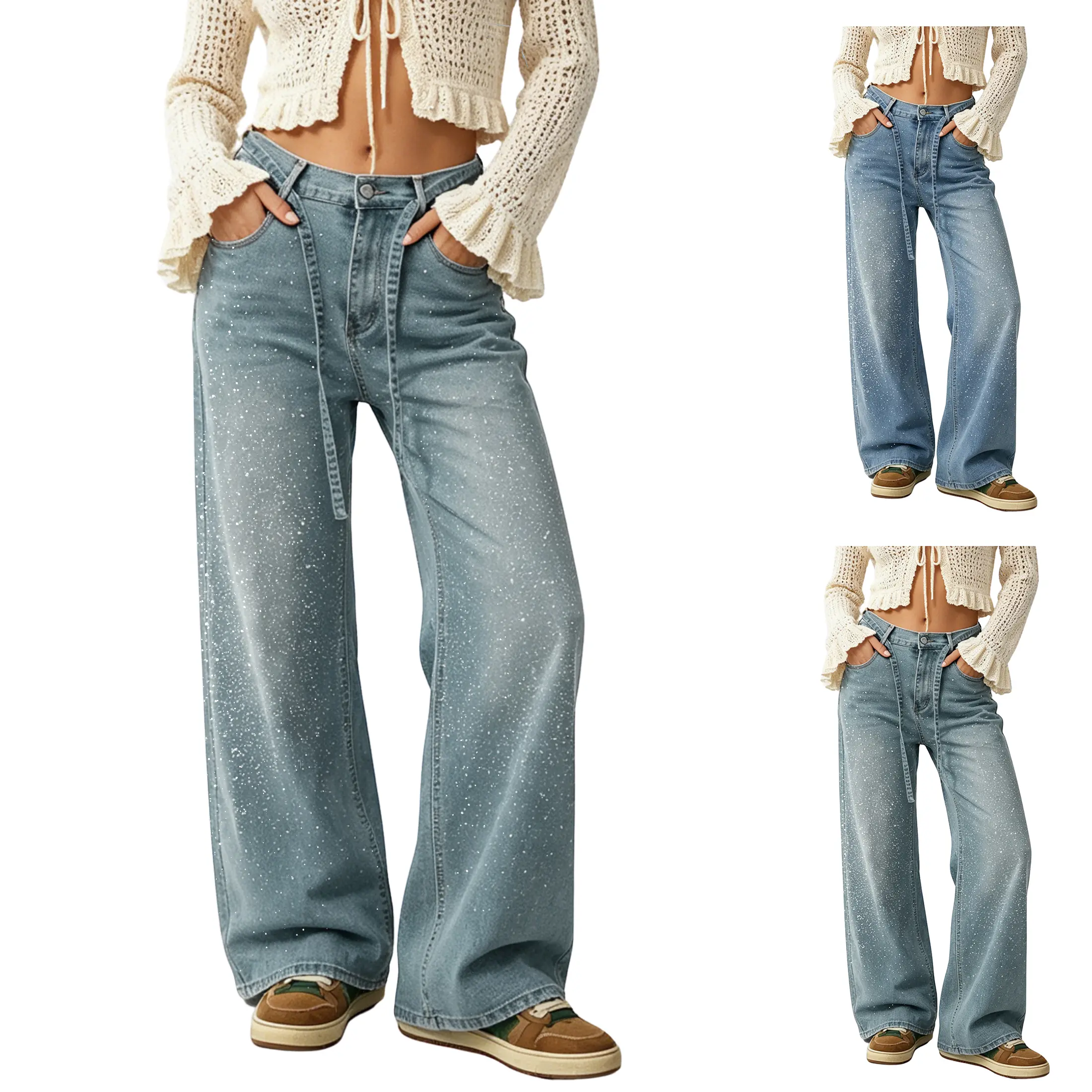 JovenPara Womens Baggy Rhinestone Jeans Y2K Wide Leg Sparkly Bling Glitter Casual Denim Pants Trousers