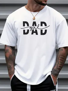 Men's Oversized "Dad" & "" Cursive Lettering T-Shirt - White Casual Short Sleeve Round Neck Tee with Black Print, Machine Washable Father's Day Gift, Casual Attire for Dads & Family Matching Outfits