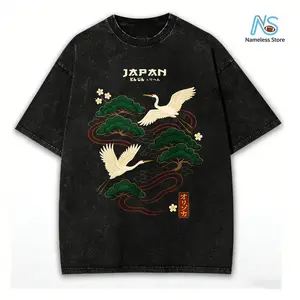 Unisex Oversized Retro Washed Crane Embroidery T-Shirt, Ukiyo-E Style Pine Tree Print Top, Essential Casual Wear for Cultural Fashion