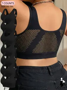 5-piece Set of Black High-Demand Crop Bra,Plus Size Women's Seamless Soft Breathable Underwear Set, Wide Strap Casual Slim-Fitting, Medium, Elastic Comfort Fabric, Home&Sleep Wear,All Seasons