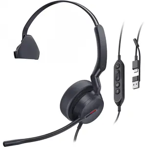 UH44 USB Wired Headset with Noise Cancelling Mic - Teams Certified Mono Headset for PC/Laptop, Single-Ear Design, Inline Controls, USB-C & USB-A, for  Office