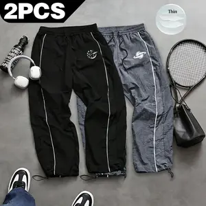 Men's lightweight, breathable, reflective printed wide-leg pants with adjustable leg openings and drawstrings, elastic waist, casual pants suitable for outdoor sports, fitness, campus commuting, street fashion, and versatile long pants