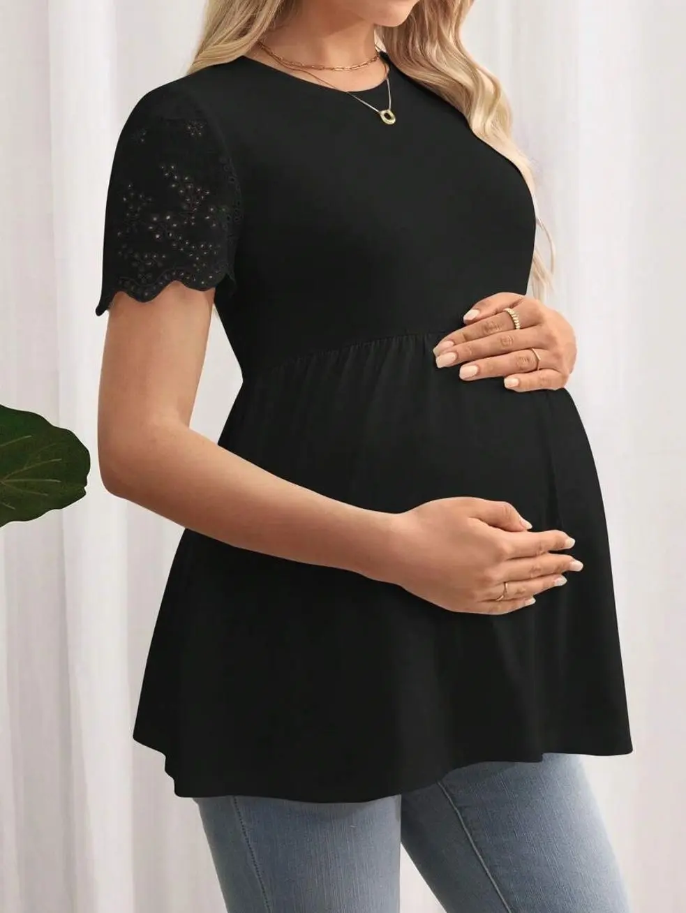 Maternity Eyelet Embroidery Peplum Tee, Casual Short Sleeve Summer Pregnancy Top