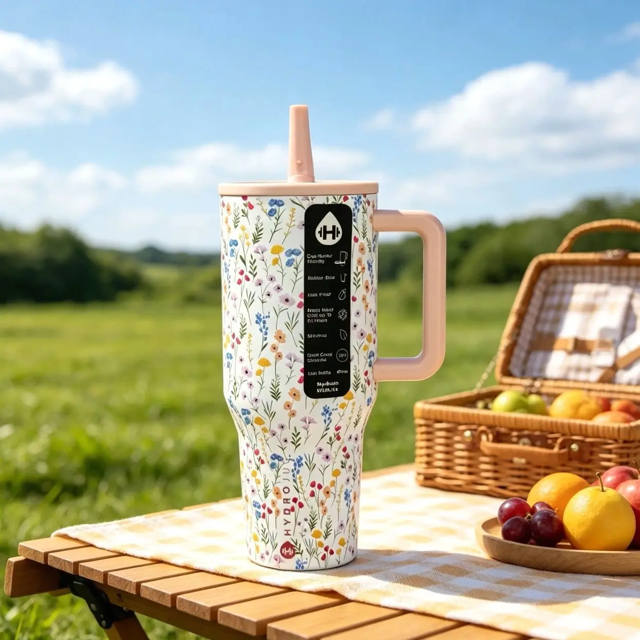 HydroJug 40oz Stylish Wild Floral Vacuum Tumbler - Stainless Steel Flask with Pink Handle, Straw, 24-Hour Cold Insulation, Leak-Proof, Garden-Inspired Travel Drinkware for Gym, Outdoor Use