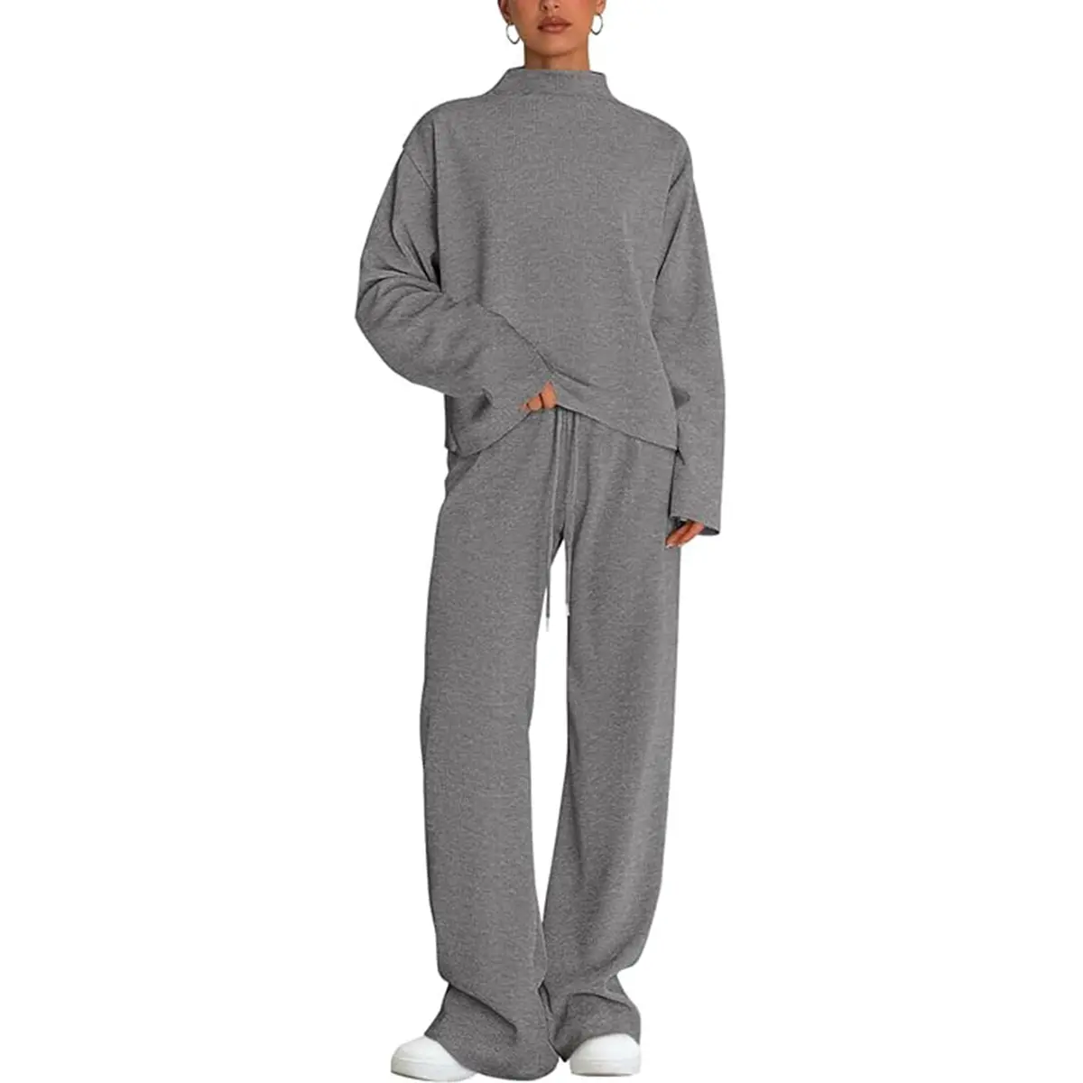 PrettyGarden Women's Mock Neck Knitted Two Piece Sets Fall Sweatsuit Long Sleeve Knit Tops Wide Leg Pants Lounge Set Airport Outfits,Comfy Womenswear