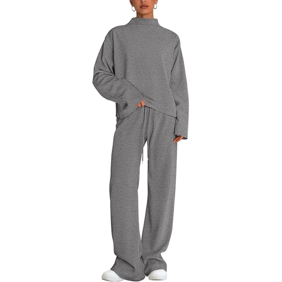 PrettyGarden Women's Mock Neck Knitted Two Piece Sets Fall Sweatsuit Long Sleeve Knit Tops Wide Leg Pants Lounge Set Airport Outfits,Comfy Womenswear