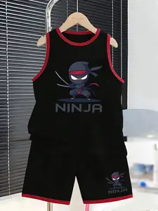 Summer Boys' Sporty Suit, Tank Top and Shorts Set, Ninja and 'ninja' Letter Print, Cool and Stylish Two-Piece, Loose-Fitting