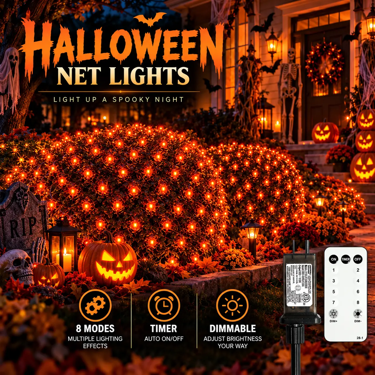 200 LED Multicolor Halloween Net Lights, 8.4ft x 5.2ft IP44 Waterproof Mesh Lights, 8 Modes, Timer, Dimmable & Connectable Outdoor Lights for Bushes, Garden & Yard Decor