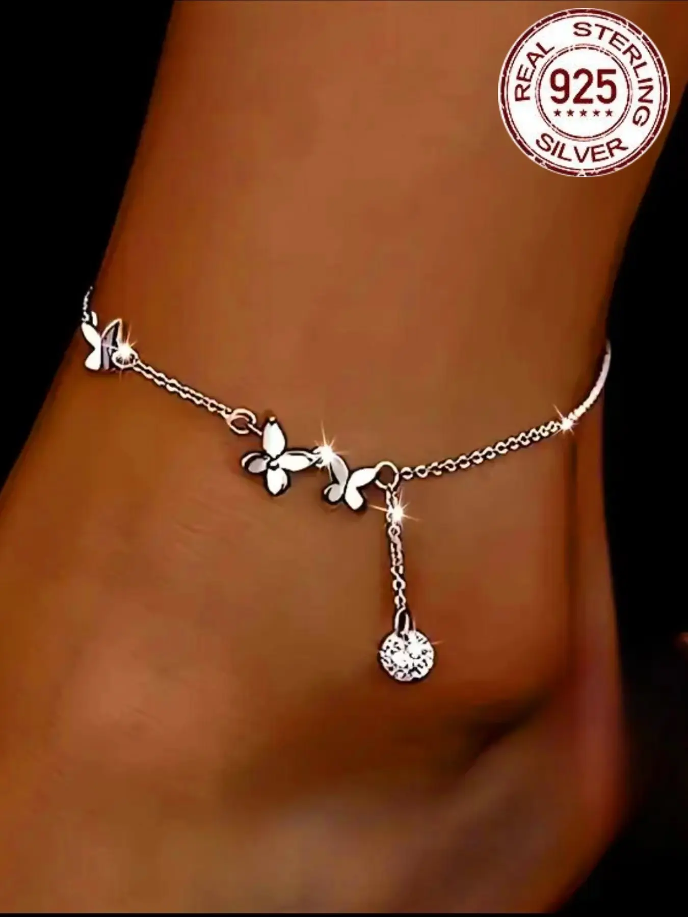 S925 Sterling Silver Butterfly Design Anklet, Ankle Bracelet, Fashionable Rhinestone Decorated Anklet for Women & Girls, Trendy All-match & Exquisite Jewelry for Birthday Gift
