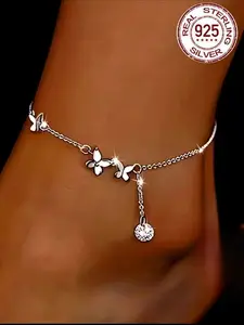 S925 Sterling Silver Butterfly Design Anklet, Fashionable Rhinestone Decorated Anklet for Women & Girls, Trendy All-match & Exquisite Jewelry for Birthday Gift