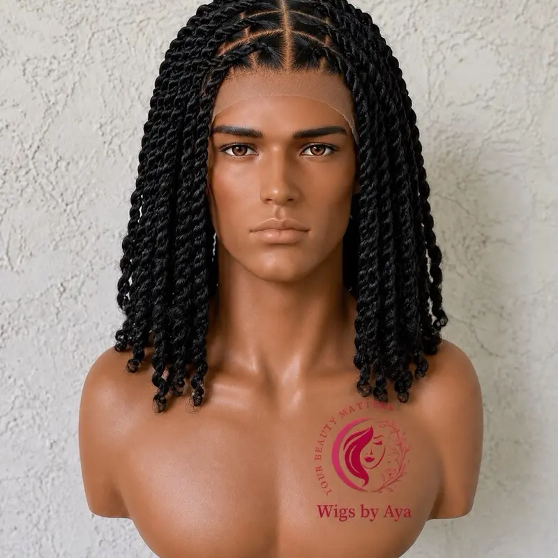 Men’s Full Lace Cap Human Hair Wig - 14" Kinky Twists Braids, Stylish Everyday Wear Option, 14" Length