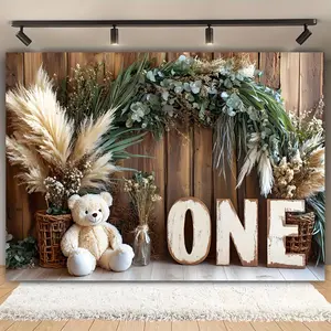 Bear & Feather Theme Party Banner, 1 Count Photo Props Background Cloth, Indoor & Outdoor Home Background Decoration for Birthday Party Wedding Baby Shower, Party Decorations Banners