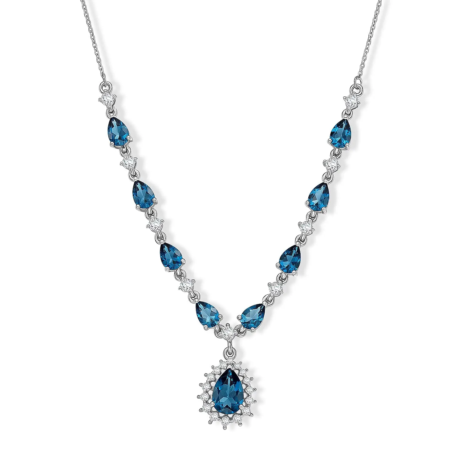 D''Joy Premium London Blue Topaz and Moissanite 5.90 ctw Necklace in Rhodium Over Sterling Silver 18 Inches