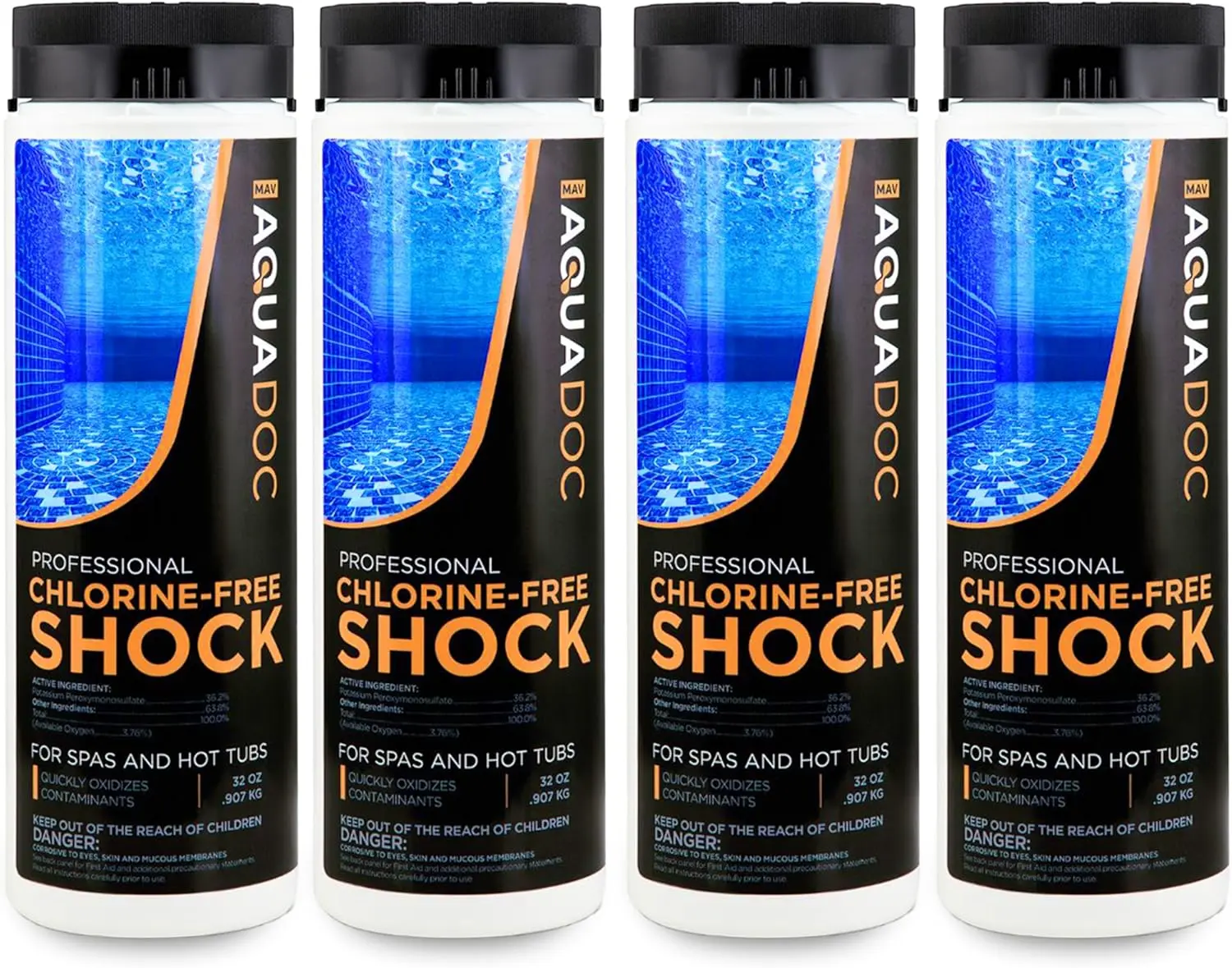 MAV AquaDoc Pre-Mixed Enhanced Chlorine-Free Liquid Spa Shock Sanitizer - 4 Pack, 32 oz Quick-Dissolve Hot Tub Oxidizer, Kills Organics, Reduces Odor, Made for Hot Tub Owners, USA-Made