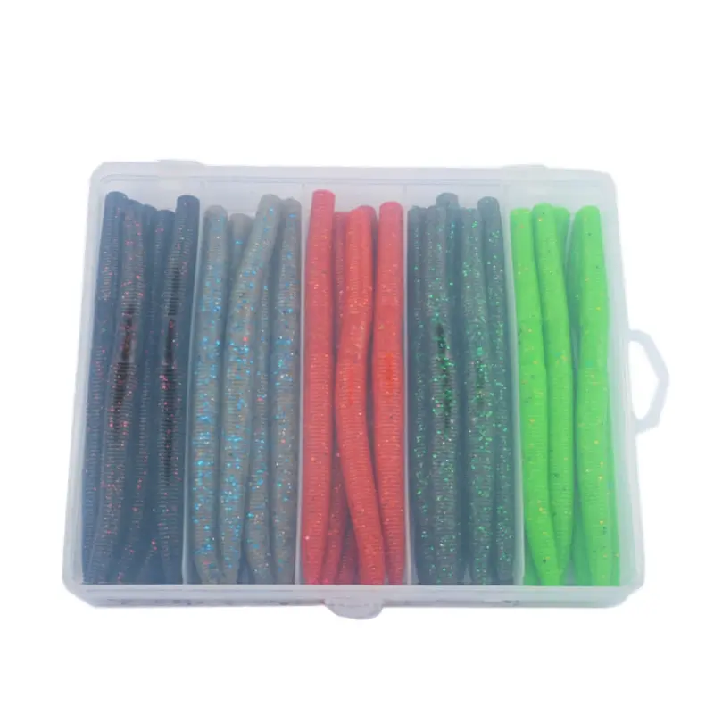 Senko Worm Fishing Lures Set, Fishing Tackle & Supplies, 50Pcs High Density Salt Infused Sinking Stick Worm Baits, 13.5cm 9g Ribbed Glitter Soft Plastics with Storage Box, Freshwater & Saltwater, Great for Largemouth Smallmouth Bass Trout