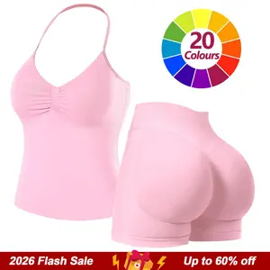 RICH BRIA Sports Sets for Women Seamless Halter Tank Top with High Waist Shorts Set for Yoga and Fitness, Breathable & Comfortable Activewear Summer Two-Piece