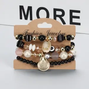 Boho Layered Beaded Bracelet Set Evil Eye & Shell Charms for Bracelets| Stackable Summer Beach Aesthetic Jewelry| Elastic Crystal Pearl Bracelets for Women Girls Gift
