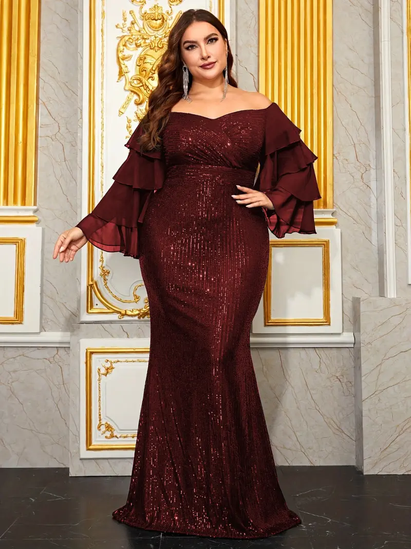 burgundy and gold plus size dress Fleurora Burgundy Plus Size Leopard Print Elegant Dress Wedding Guest Party Semi Formal Petal Sleeve Flared Hem Slim Fit Round Neck High Wai,1XL