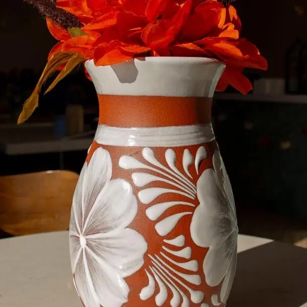 Mexican Flower Vase with Orange and White Floral Design for Home Decor