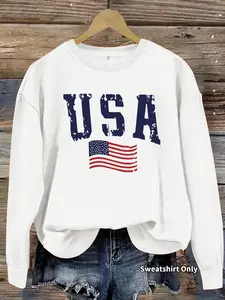 Women's Casual American Style Printed Knitwear Pullover Sweater, Soft Oversized Long Sleeve Round Neck Sweatshirt, All-Season Wear