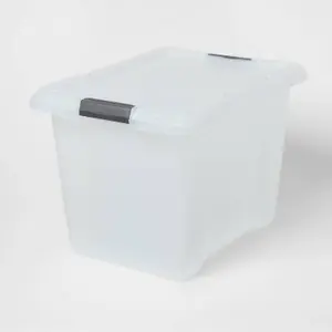 Large Frosted Latching Storage Box - Brightroom™: Stackable Clear Tote, 76L Capacity, Polypropylene, Universal Storage